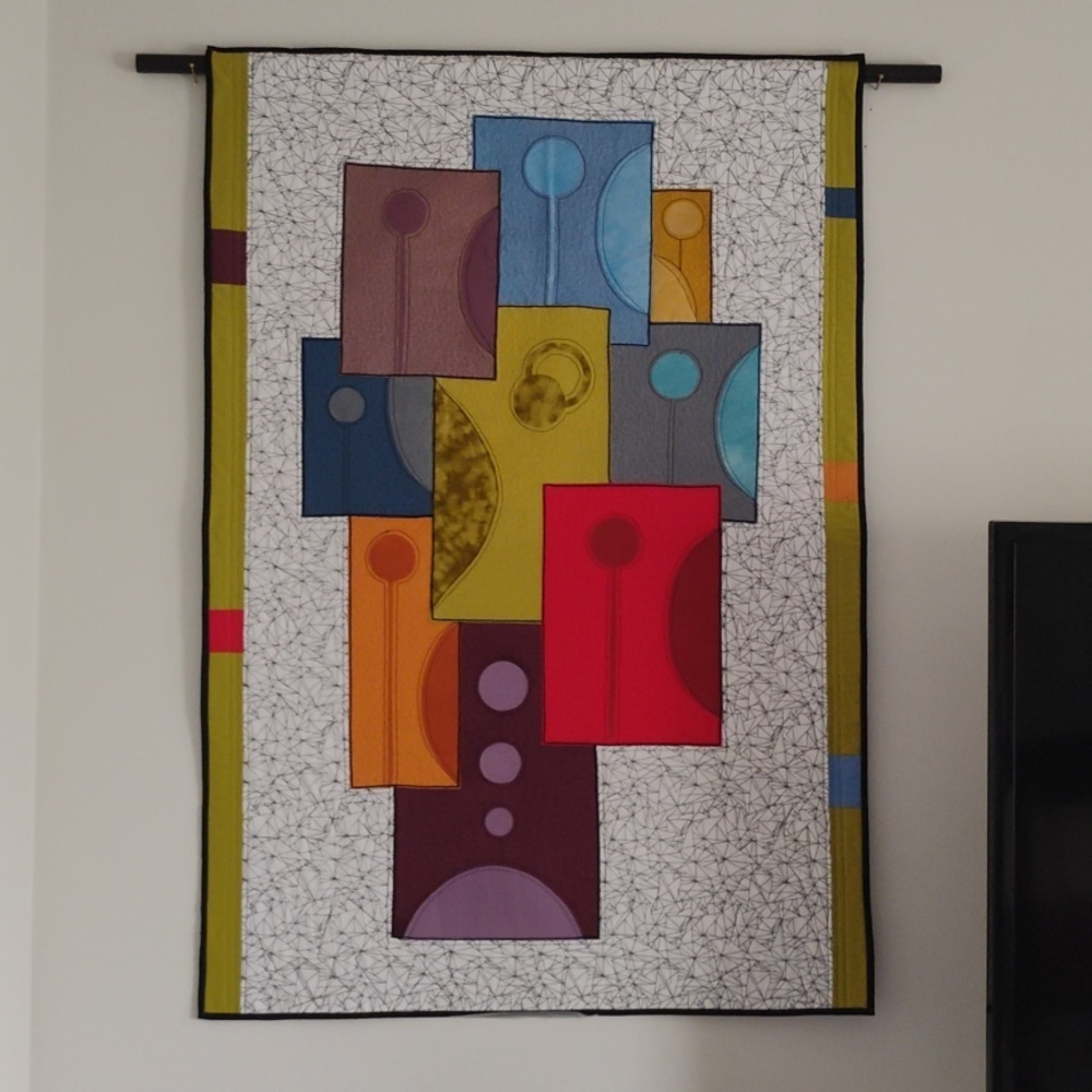 Abstract Colorful Art Quilt Wall Hanging By Artist Quilter June Belitz, 35"X51"